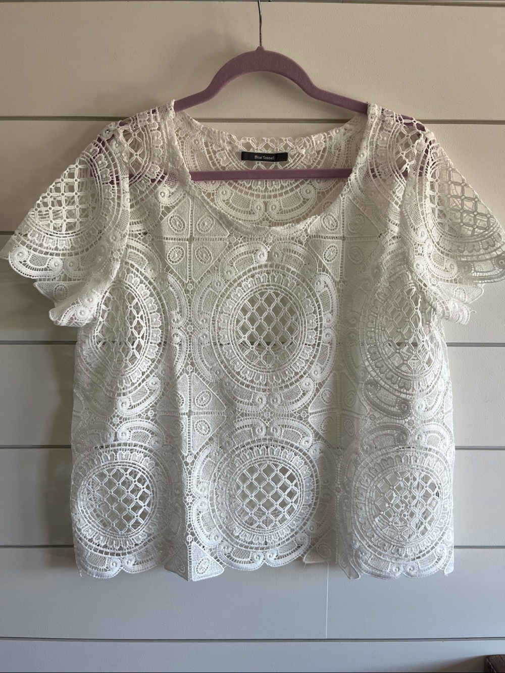 Anthropologie Blue Tassel White Crochet Lace Scoop Neck Top NEW Size XL